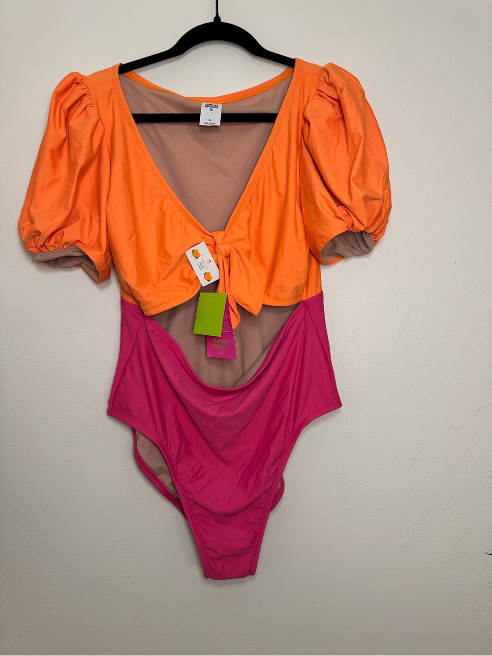 Colorblocked Puff-Sleeve One-Piece Swimsuit in Orange & Pink - Picture 2 of 6